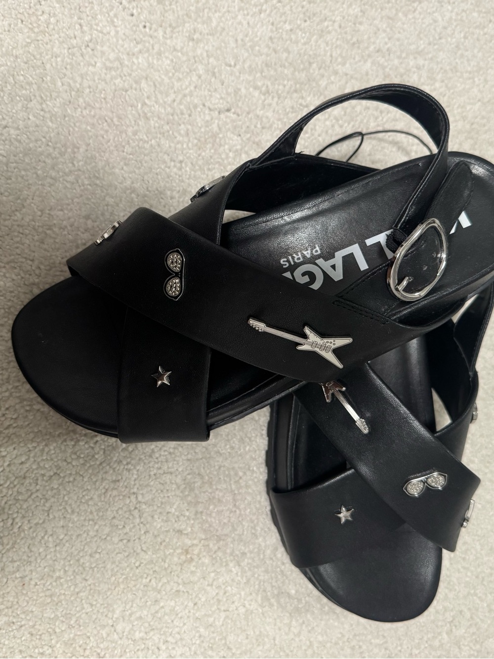 Karl Lagerfeld Black Leather Embellished Cross-Strap Sandals